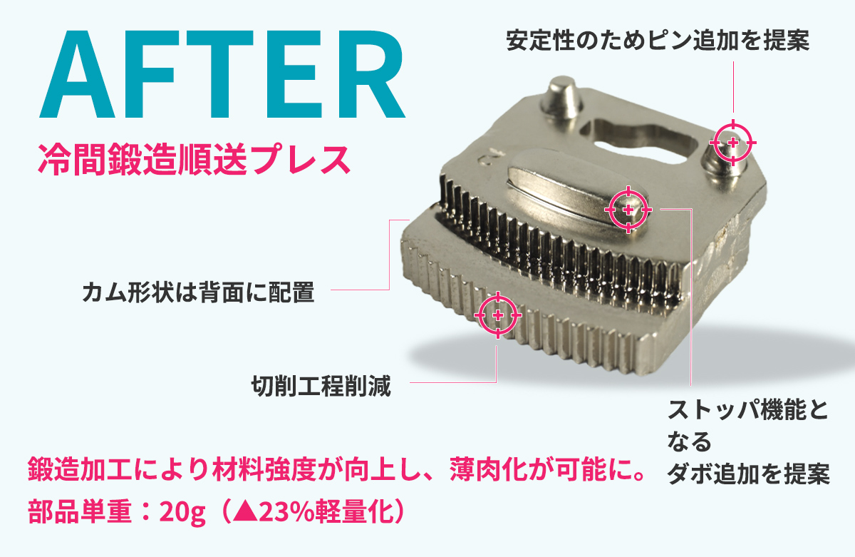 工法転換後の画像、冷間鍛造順送プレスのメリットと見た目