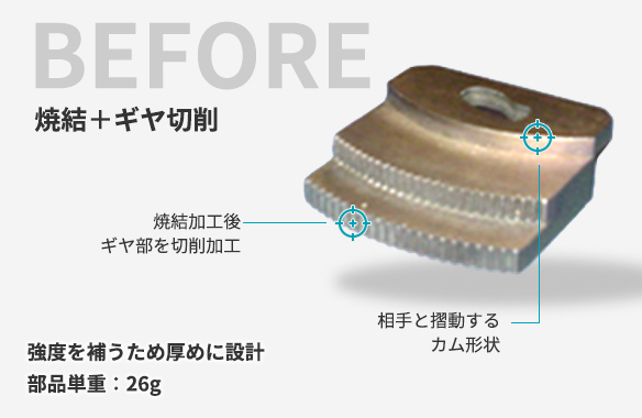 工法転換前の画像、焼結+ギヤ切削の問題点と見た目